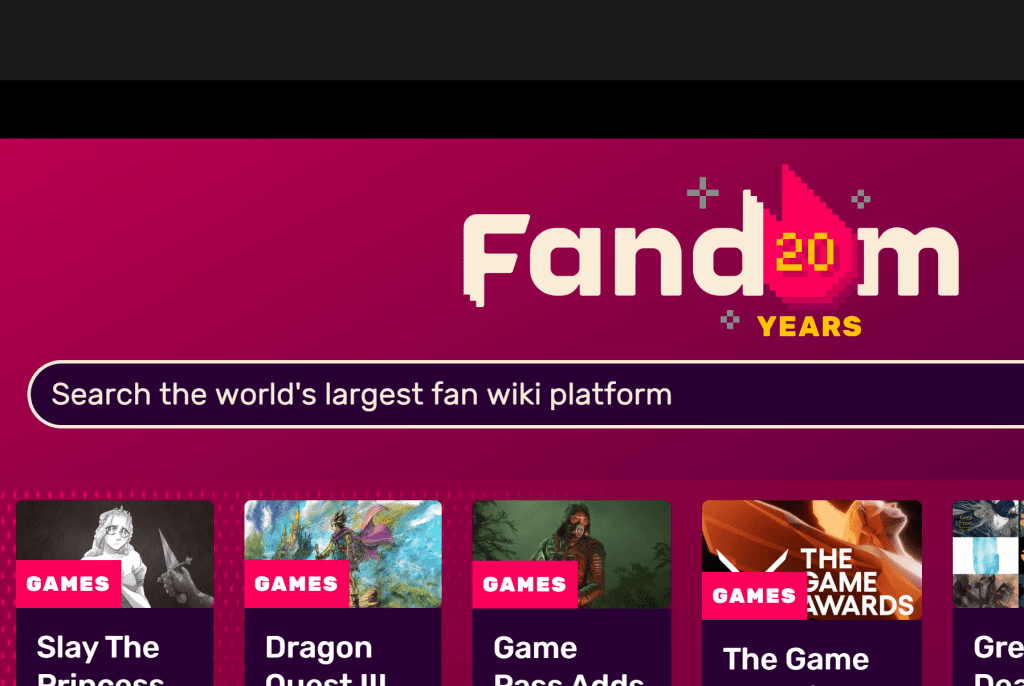 Screenshot of fandom.com website, showing the fandom logo, 20 years celebration image, a search bar, and some icons leading to discussions about popular games